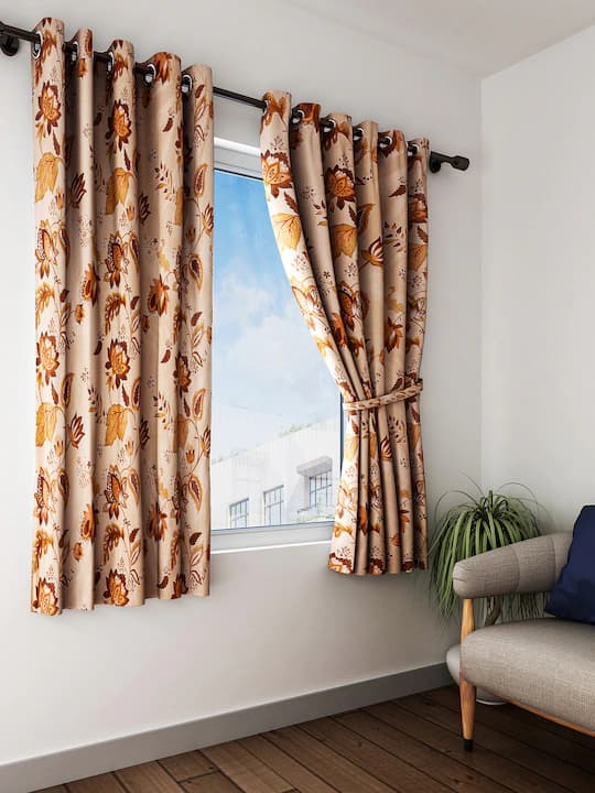 Beige & Brown Set of 2 Window Curtains